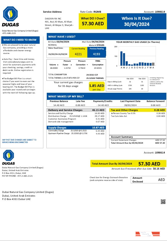 UAE Dubai Natural Gas Company Limited (Dugas) business utility bill template in Word and PDF formats